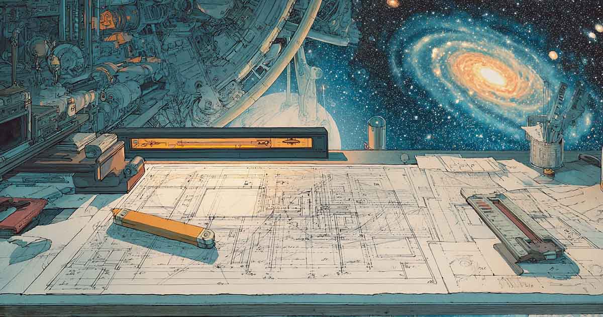 Drafting table with blueprints of a futuristic machine against a galaxy backdrop for "The Hitchhiker’s Guide to the Galaxy" review.