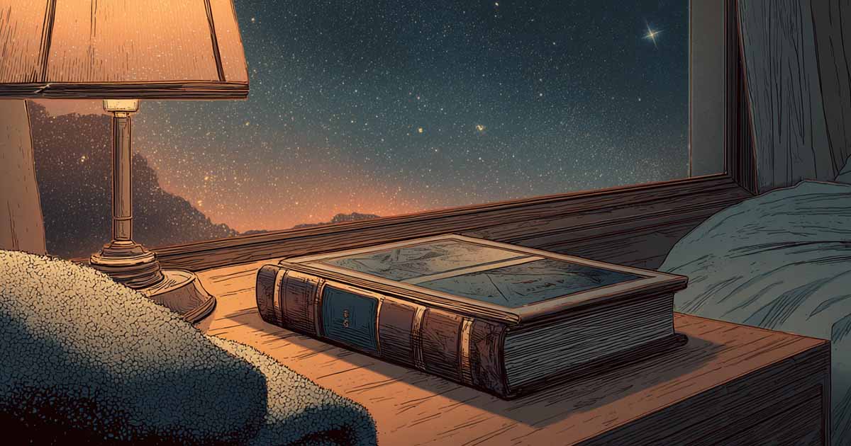 Worn book on a bedside table beside a lamp with a starry sky visible through the window for "The Hitchhiker’s Guide to the Galaxy" review.