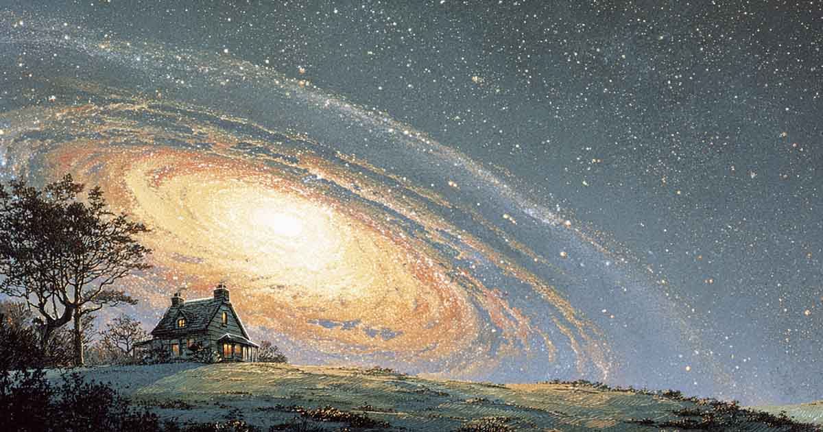 Small English cottage beneath a massive spiral galaxy for "The Hitchhiker’s Guide to the Galaxy" review.