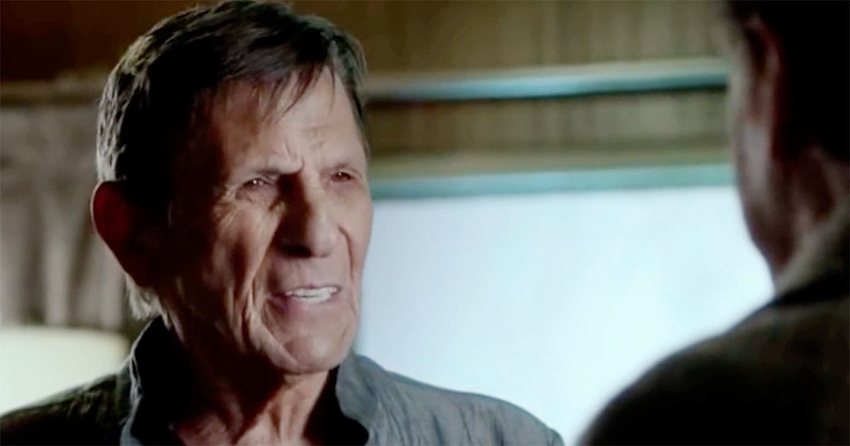 Leonard Nimoy delivering a calm authoritative line in a science fiction scene.