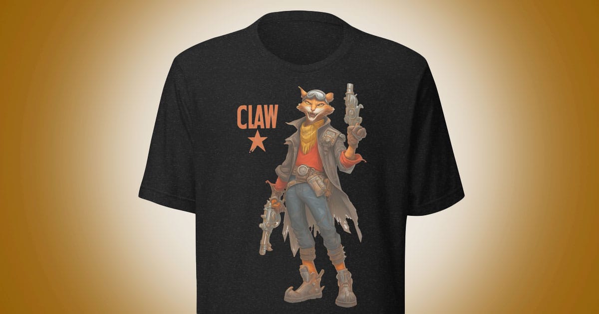 Illustrated science fiction cat character Captain Claw holding futuristic pistols on a dark T shirt design.