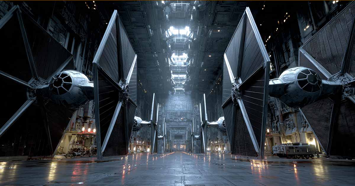 Imperial TIE Fighters docked inside massive Star Destroyer hangar bay under industrial lighting.