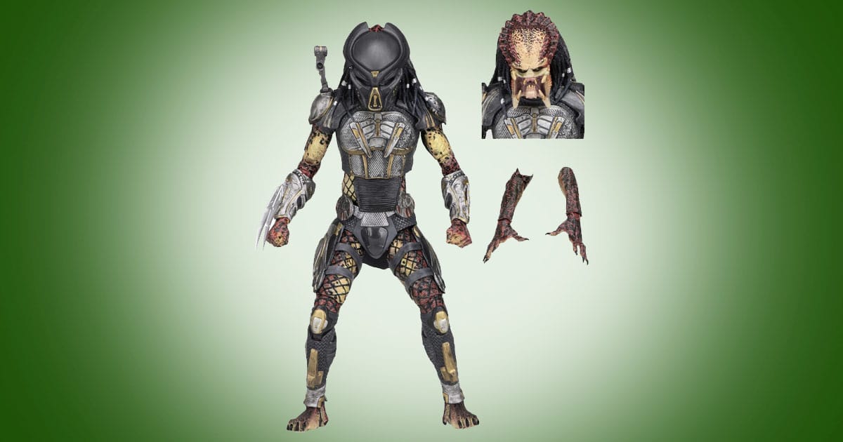 NECA Ultimate Fugitive Predator 7 inch action figure from The Predator with masked and unmasked head sculpts and interchangeable forearms against green background.