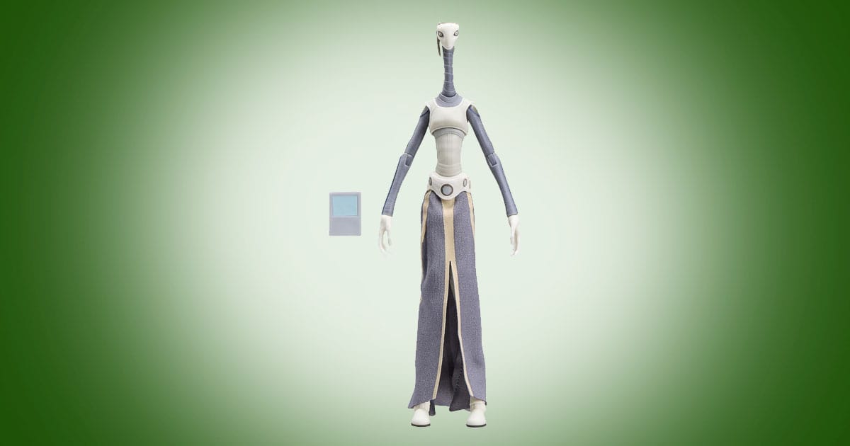 Taun We Black Series 6 inch action figure from Attack of the Clones with elongated Kaminoan features and data pad accessory against green background.