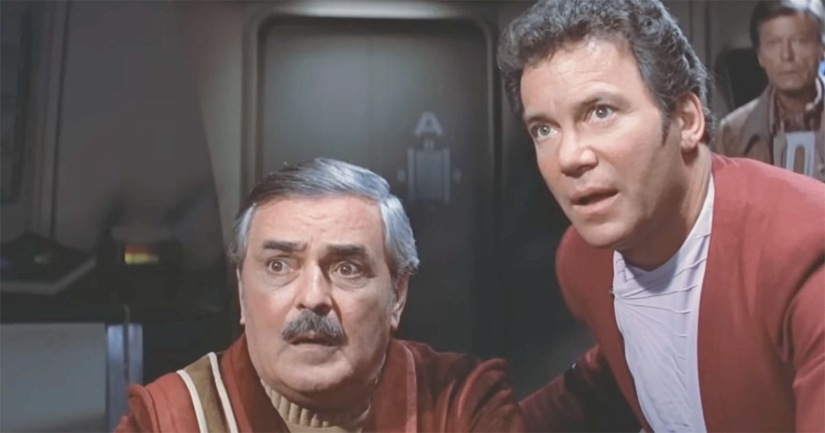 James Doohan as Scotty and William Shatner as Captain Kirk reacting to damage aboard the Enterprise in "Star Trek II The Wrath of Khan"