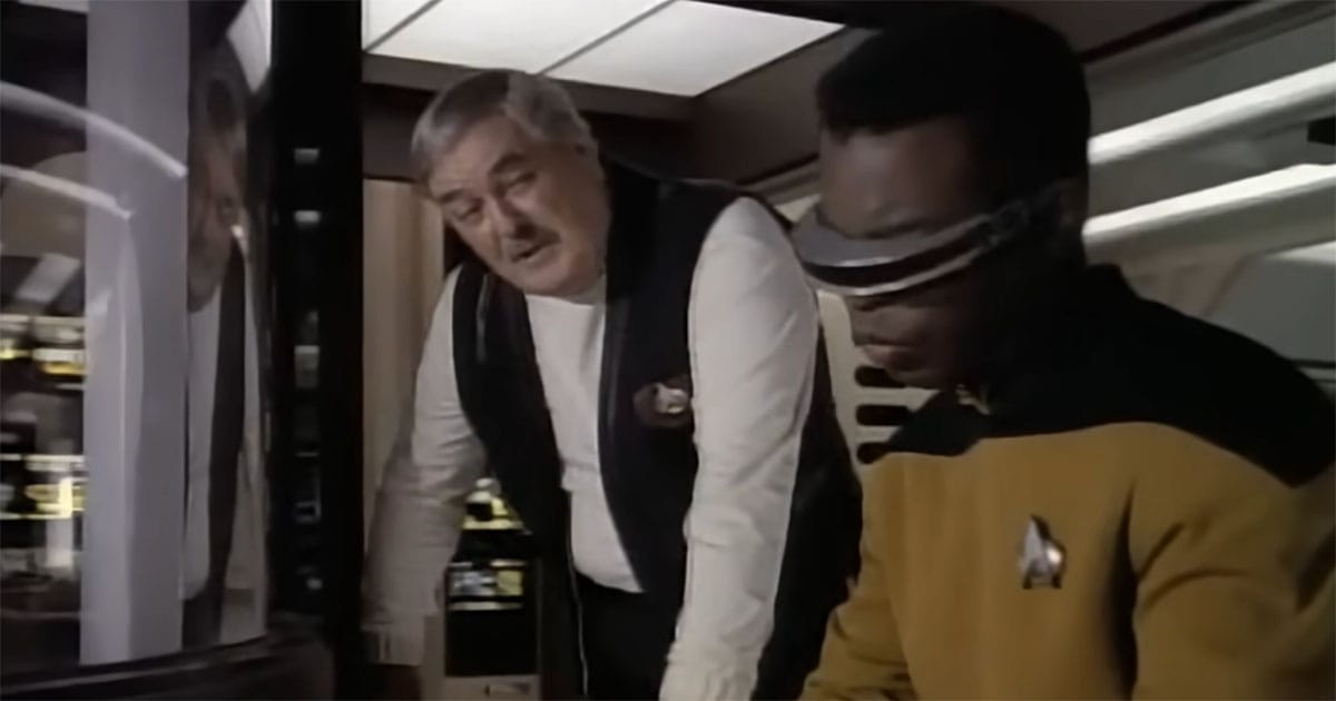 James Doohan as Scotty advising Geordi La Forge about repair time estimates in "Star Trek The Next Generation Relics"