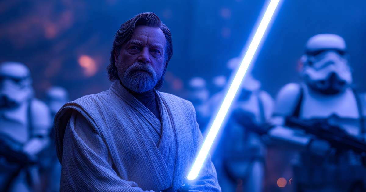 Obi-Wan Kenobi holding a blue lightsaber while stormtroopers with blasters stand behind him in a dim corridor.