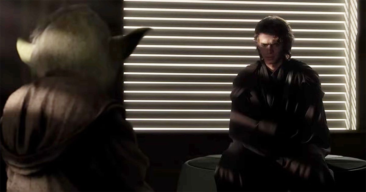 Anakin Skywalker meeting with Yoda during the period when Order 66 is secretly taking shape.