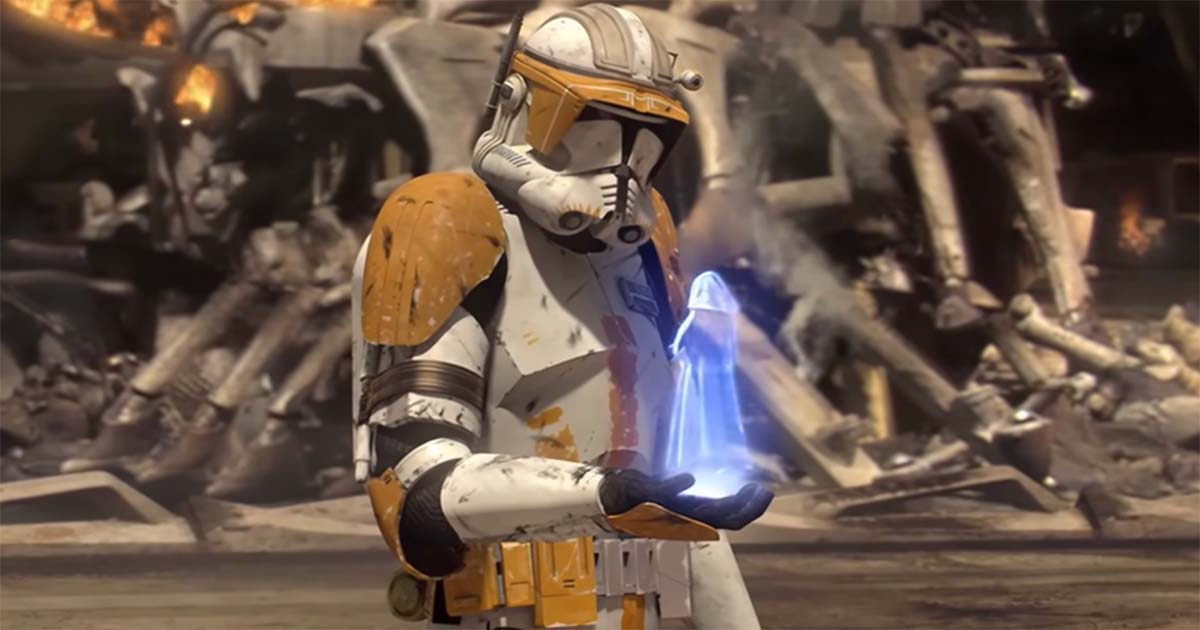 Clone trooper holding a Jedi holocron after Order 66 reclassifies the Jedi as traitors.