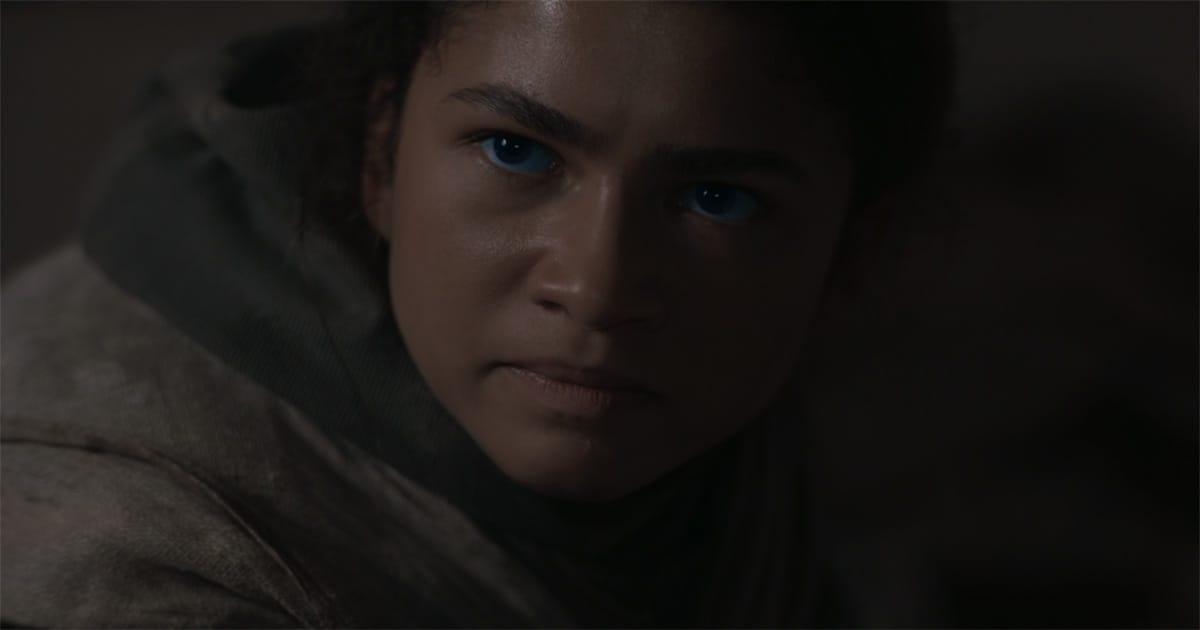 Close-up of Chani from "Dune" 2021 with a guarded expression in low light.