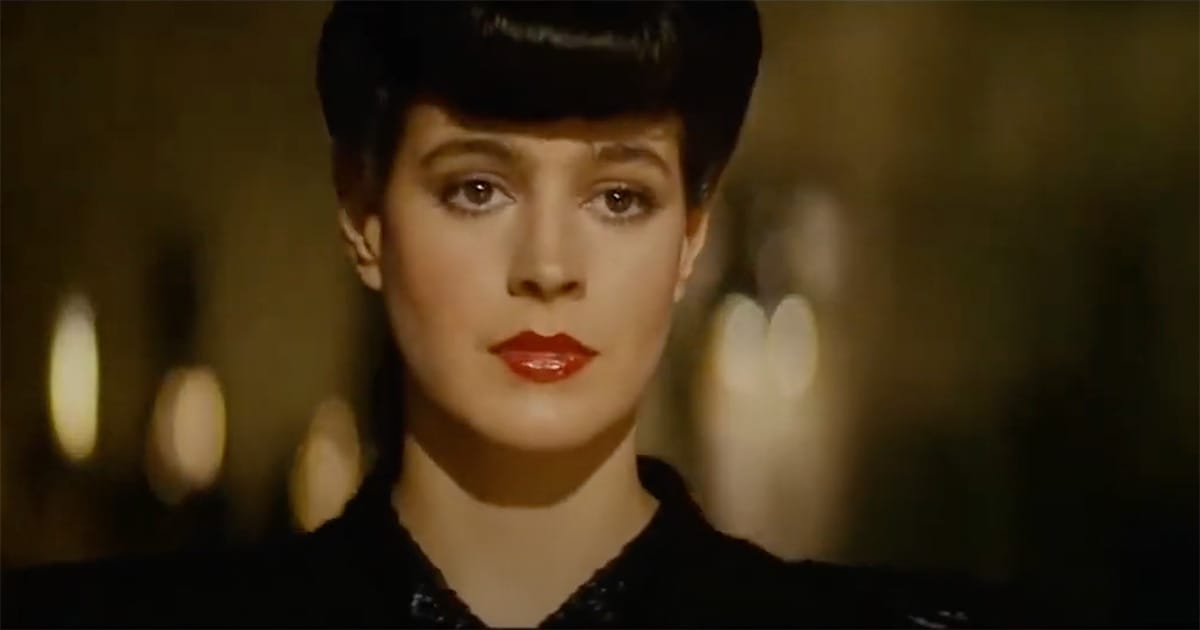 Rachael from Blade Runner 1982 close up looking forward reflecting on her identity as a bioengineered human.