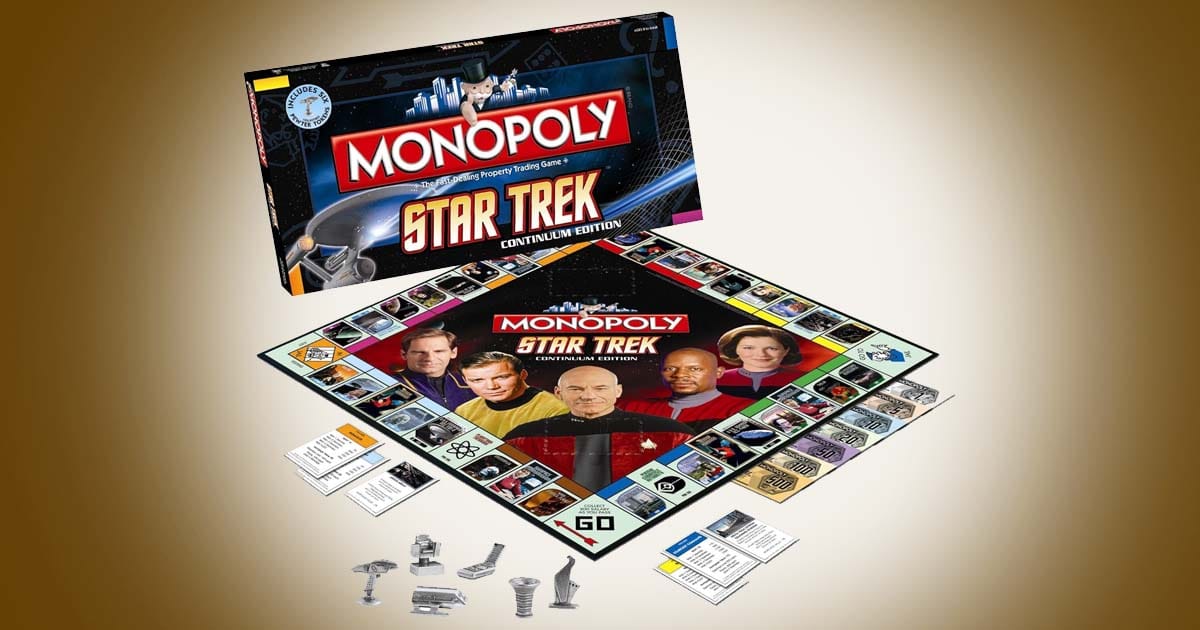 Monopoly Star Trek Continuum board game with themed board, character artwork, cards, and collectible tokens displayed.
