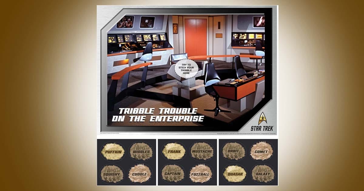 Star Trek Pin the Tribble game poster showing Enterprise bridge with Tribble stickers and labeled pieces.