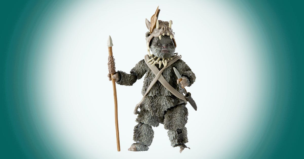 Star Wars Black Series Teebo Ewok action figure with spear and dagger collectible toy.