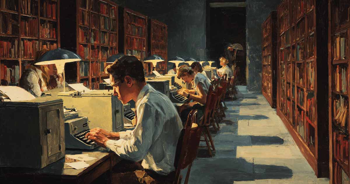 1950s university library typing room with students working at coin operated typewriters under desk lamps.