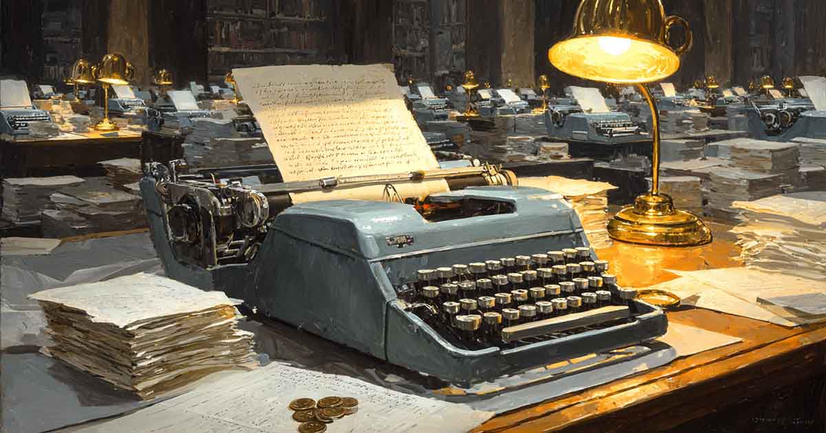 Vintage typewriter in a 1950s library typing room with stacks of manuscript pages and coins on the desk.