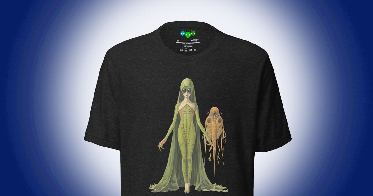 Green Lady alien woman with small alien pet illustrated on black science fiction themed T shirt.