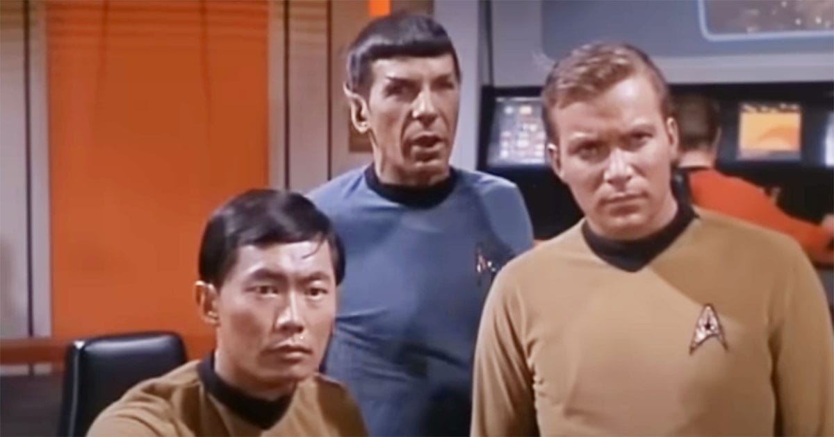 Kirk Spock and Sulu on the bridge in Star Trek The Original Series