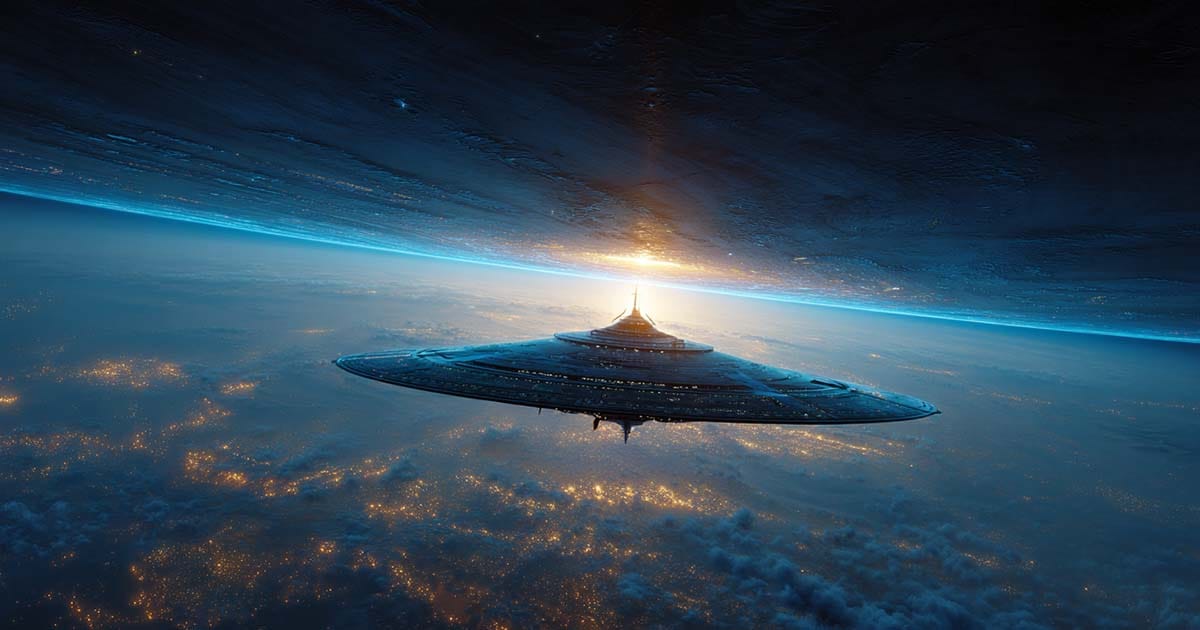 Futuristic spacecraft hovering above a planet with glowing horizon and distant city lights.