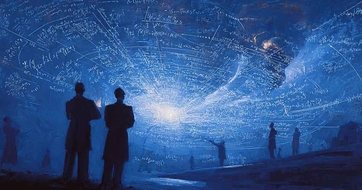 Silhouetted figures observing a vast scientific visualization filled with equations and glowing data patterns.