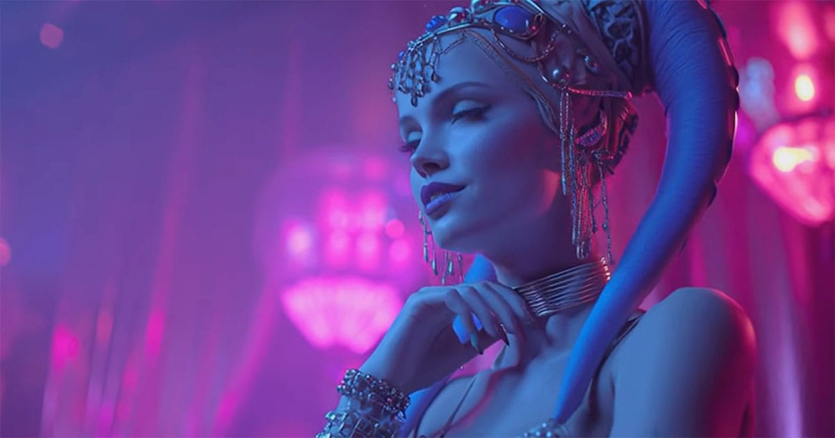 Blue Twi’lek styled as a dancer in a neon-lit setting, reflecting the exoticized portrayal in Star Wars.