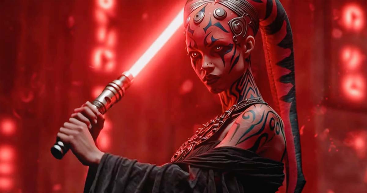 Twi’lek holding a red lightsaber in dramatic lighting, representing expanded roles beyond dancer and slave portrayals in Star Wars.