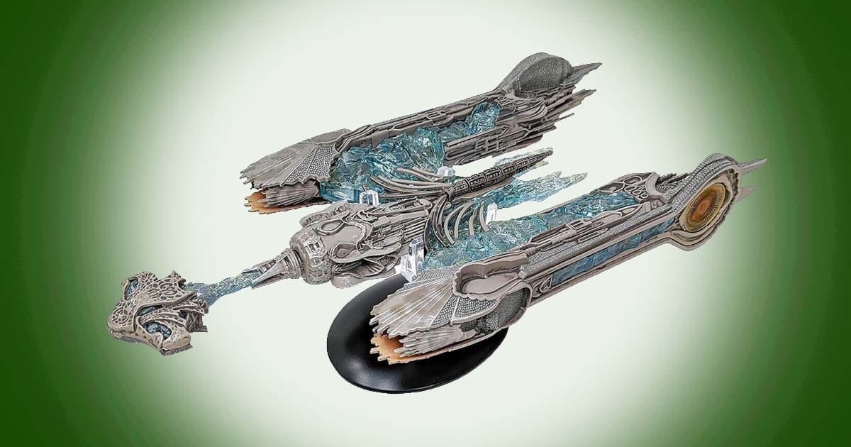 Model of USS Enterprise NCC-1701-C from Star Trek with circular saucer section and twin nacelles mounted on a display stand