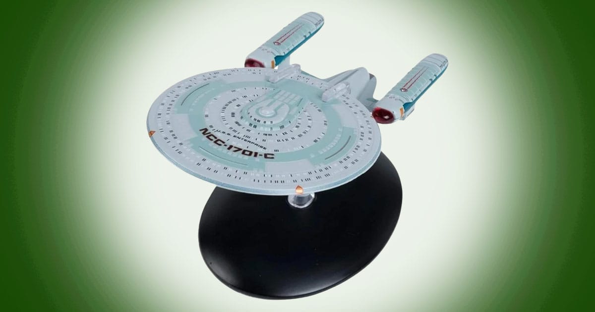 Model of USS Enterprise NCC-1701-C from Star Trek with circular saucer section and twin nacelles mounted on a display stand.