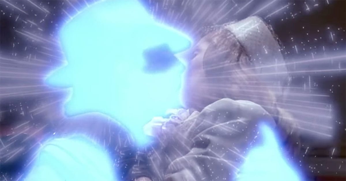 Glowing figure merging into another man while kissing a woman during time travel transition in Quantum Leap.