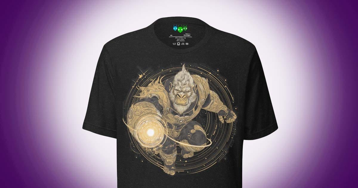 Black t-shirt featuring armored space gorilla with glowing energy shield and circular cosmic design