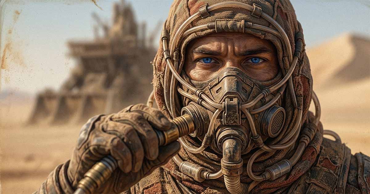 Close-up of a Fremen stillsuit showing moisture recycling tubes and mask used for survival on Arrakis.