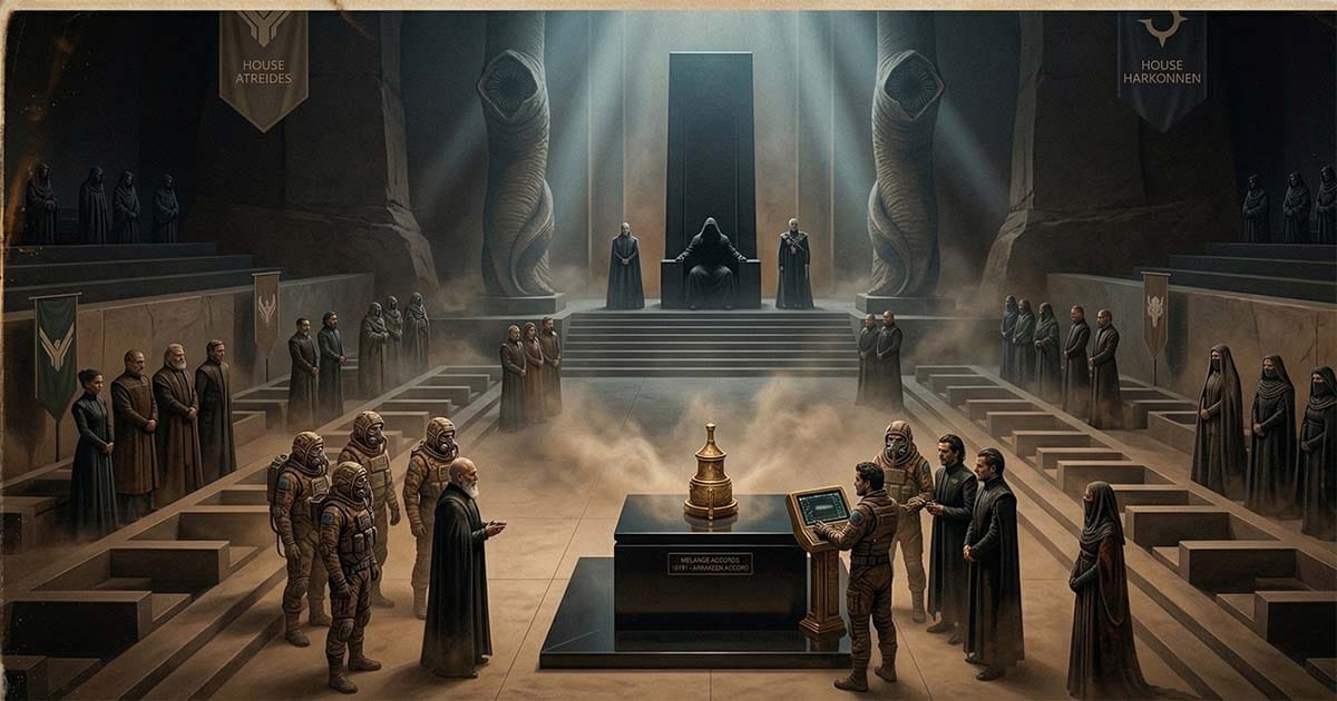 Imperial court on Arrakis with leaders gathered around a spice container, showing political power and dependence on melange.