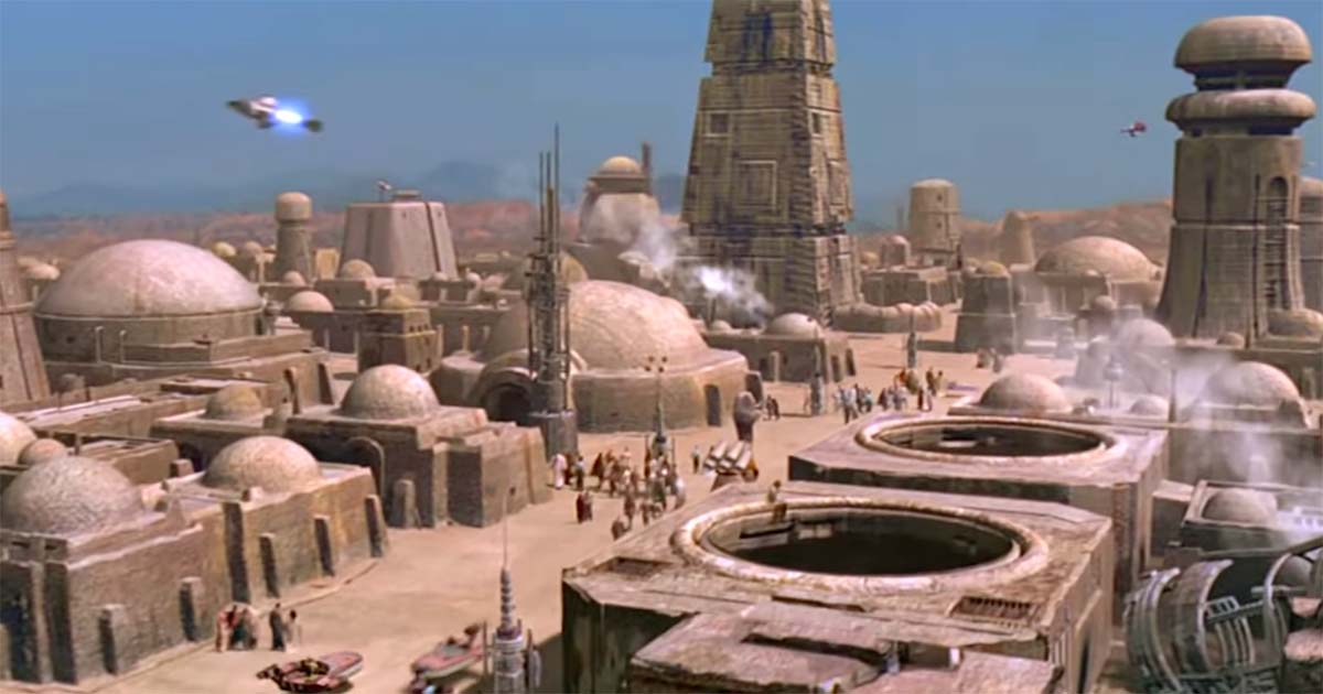 Mos Eisley spaceport wide shot on Tatooine in Star Wars Episode IV A New Hope showing frontier town setting.
