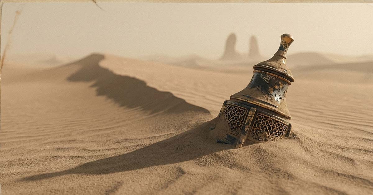 A weathered ornate container partially buried in desert sand on Arrakis, symbolizing time and lasting legacy.