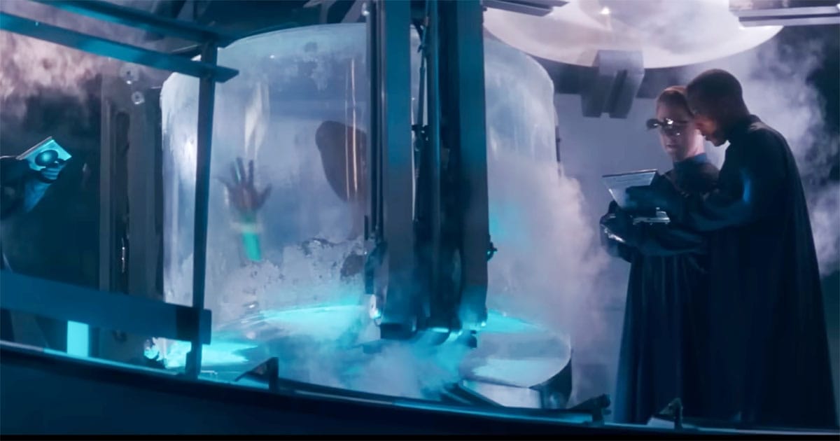 Cryogenic prison chamber in Demolition Man showing frozen inmates undergoing behavioral conditioning.
