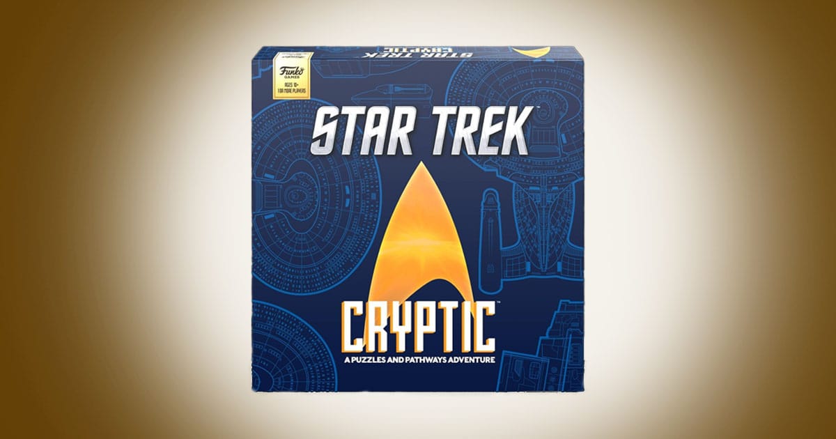 Funko Star Trek Cryptic game box with Starfleet insignia and starship schematic design.
