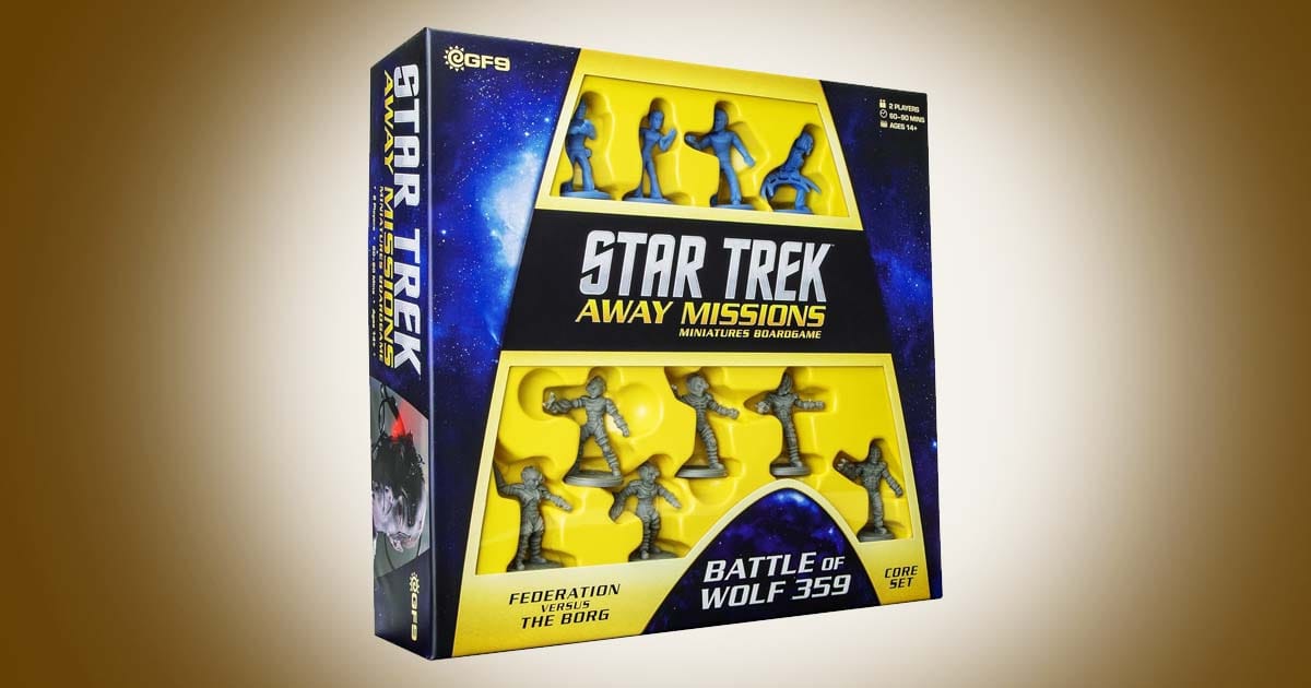 Star Trek Away Missions Battle of Wolf 359 core set box with miniature figures and Borg conflict theme.