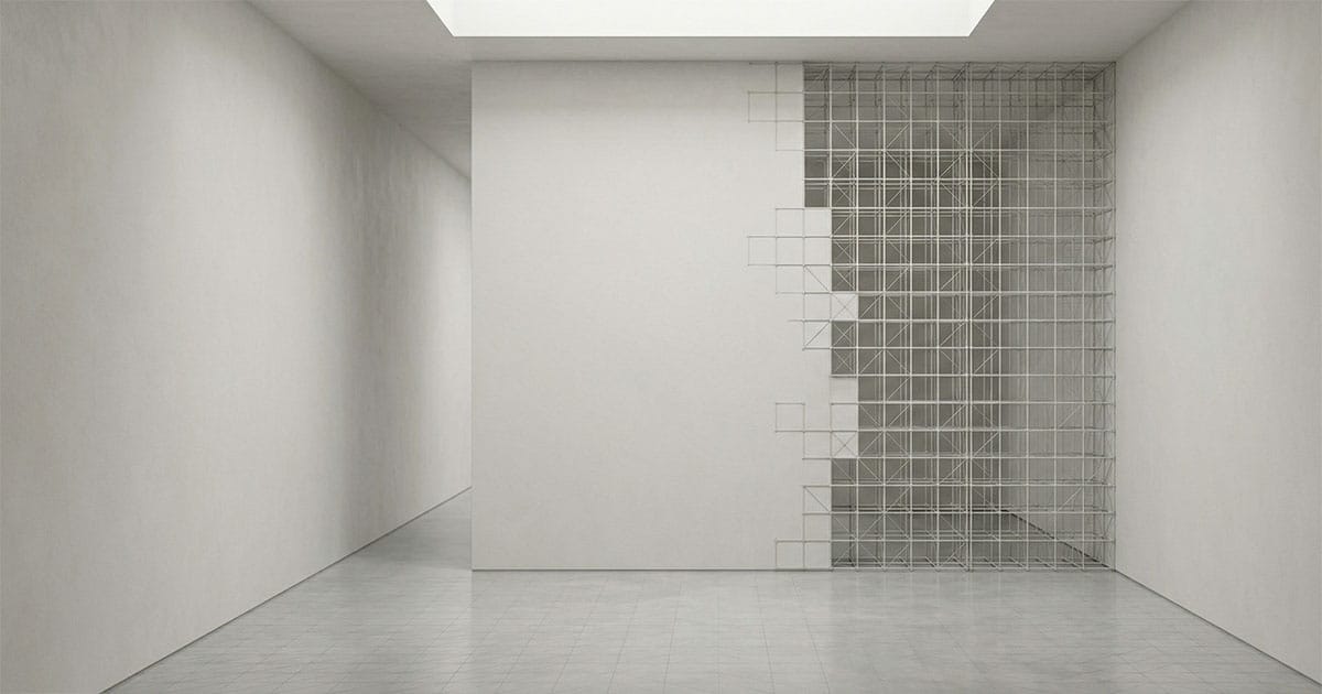 Minimal room with wall revealing underlying grid structure suggesting reality is constructed beneath the surface.