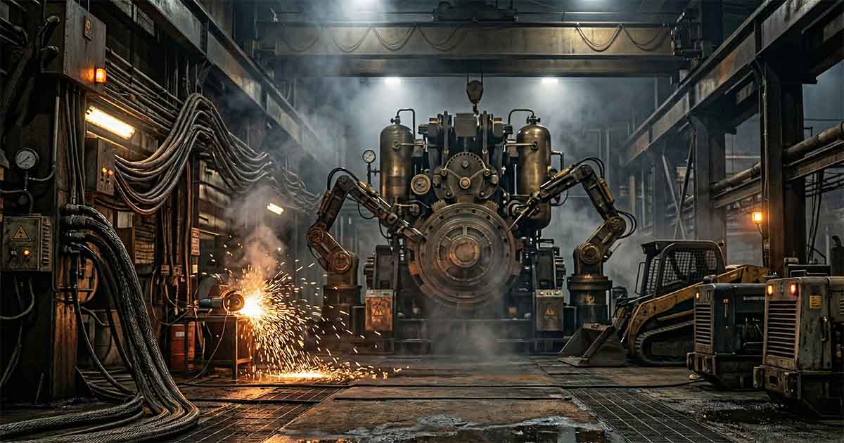 Large industrial machine in factory setting with sparks and heavy mechanical equipment representing classic science fiction machinery.