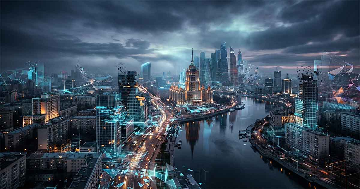 City street with distorted buildings and mismatched reflections suggesting unstable reality.