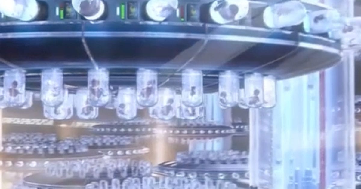 Rows of identical embryos in glass containers arranged like an assembly line representing engineered humans in classic science fiction.