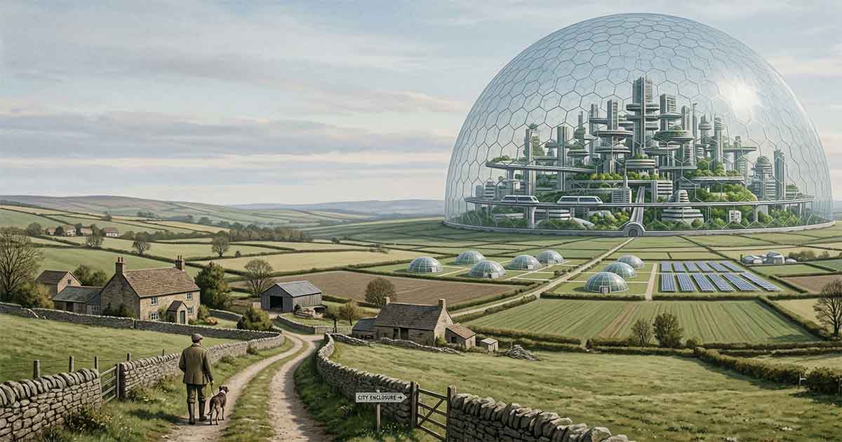 From quiet fields to enclosed city, the landscape unfolds with deliberate structure and careful design.