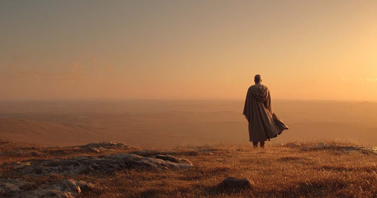 Robed figure standing on open landscape at sunset representing the enduring mystery and legacy of the Force in Star Wars.