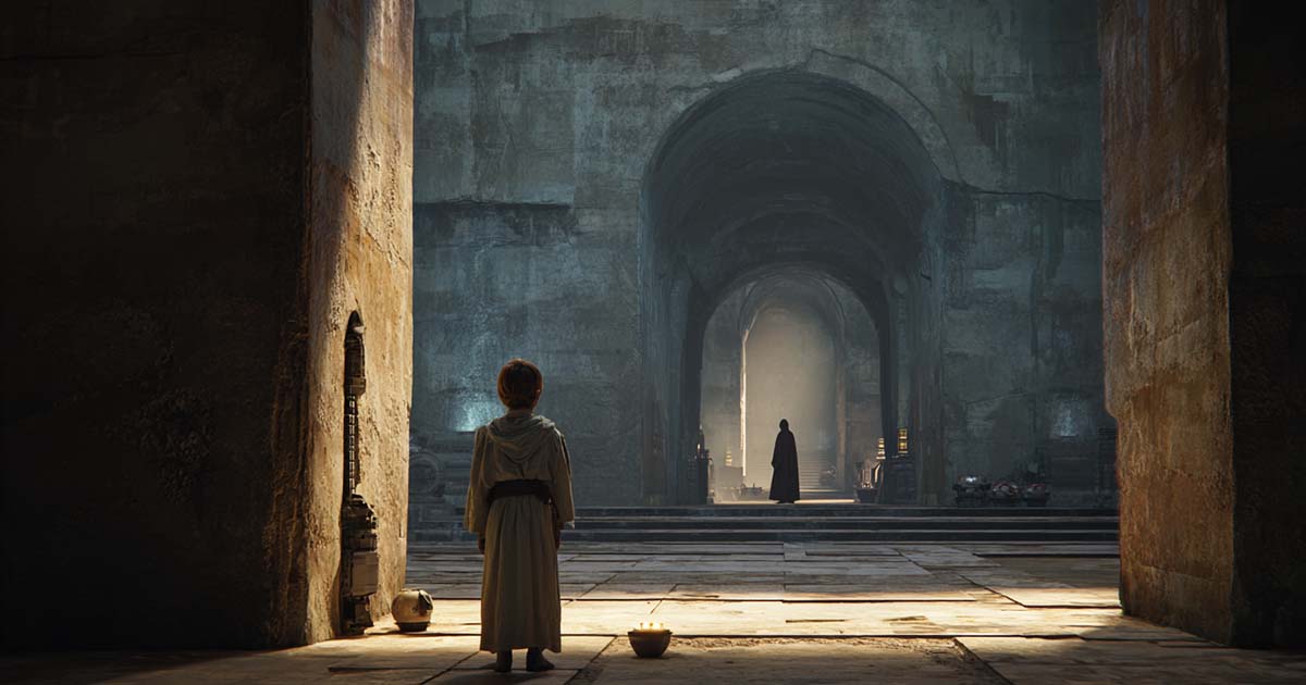 Young child in robes facing distant robed figure in large temple hall representing Jedi training and selection process in Star Wars.