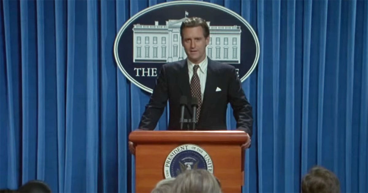 President Whitmore addressing the nation during the alien invasion in "Independence Day".