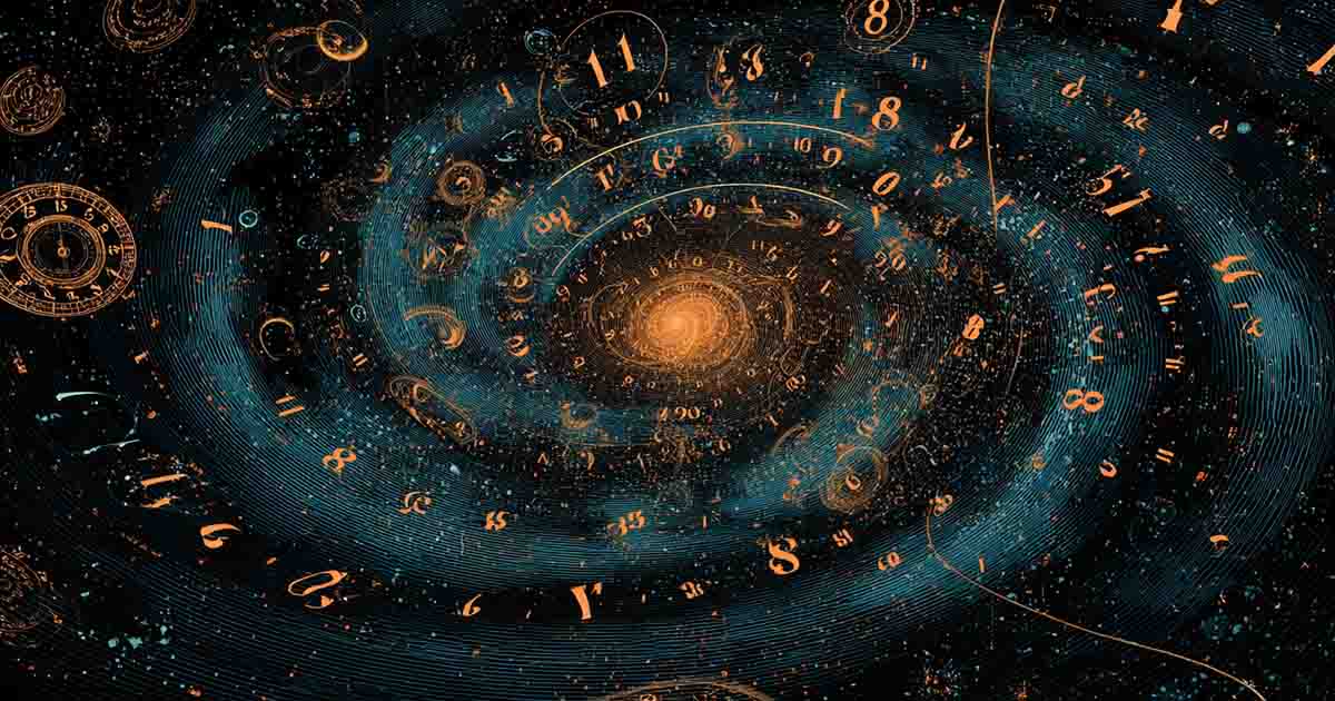 Spiral galaxy made of glowing numbers and mathematical symbols forming a cosmic vortex.