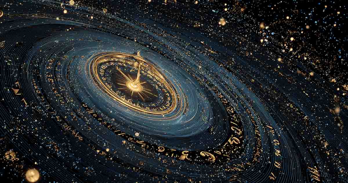 Golden spiral of cosmic clockwork and mathematical symbols forming a swirling timeline in space.