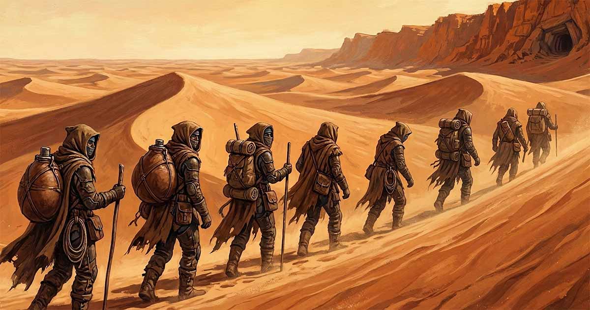 Group of Fremen travelers in stillsuits walking across the desert dunes of Arrakis toward a distant rocky sietch.