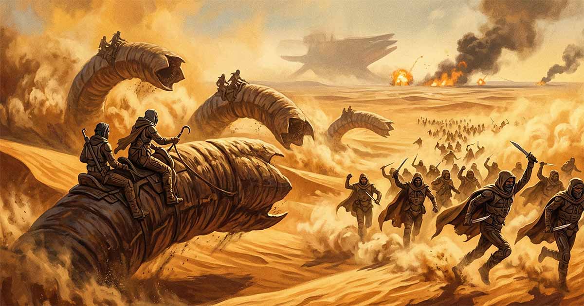 Fremen warriors riding giant sandworms and charging across the desert during a battle on Arrakis.