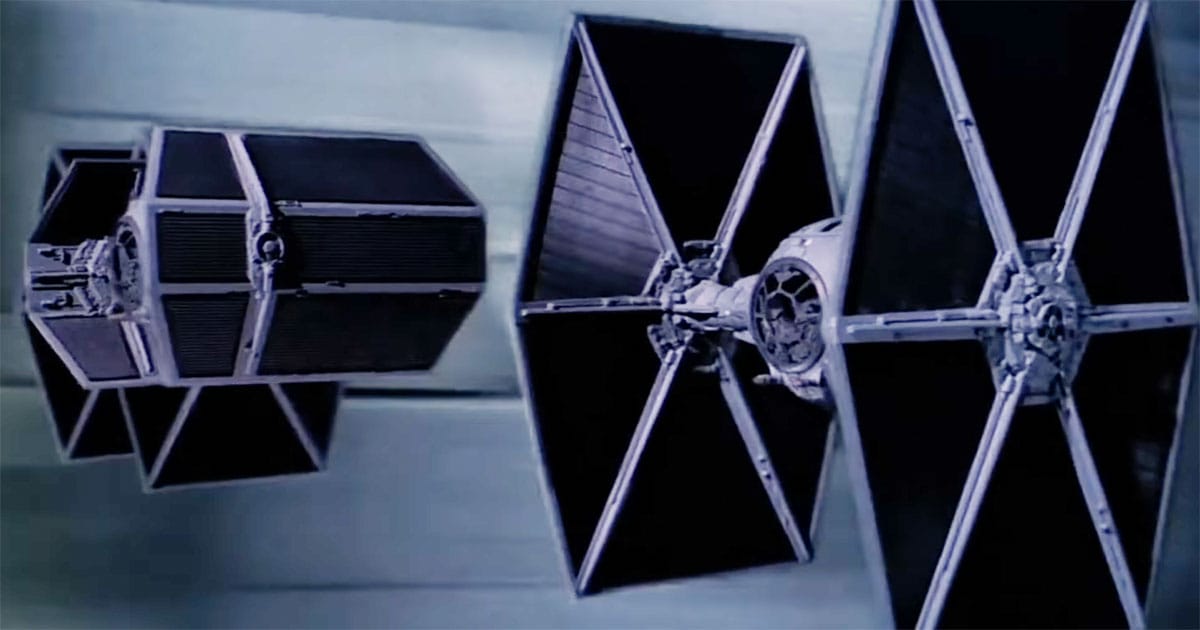 Studio model of an Imperial TIE fighter showing the Twin Ion Engine starfighter design from "Star Wars"